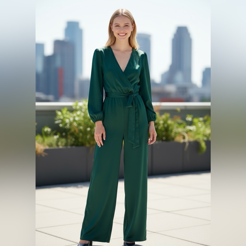 NORDSTROM Chic Forest Green Satin Puff Sleeve Jumpsuit SZ S